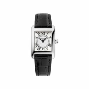 a square watch with roman numerals and black leather straps