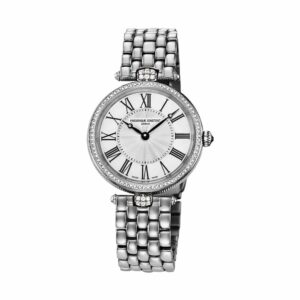 a woman's watch with roman numerals and diamonds