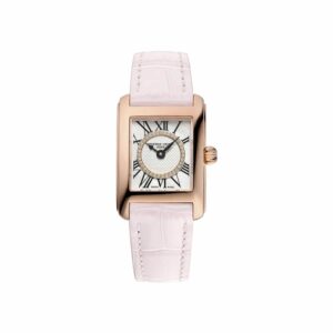 a pink watch with roman numerals on the face
