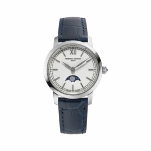 a white watch with blue leather straps