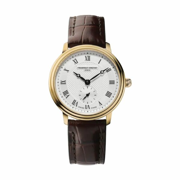 a gold watch with roman numerals and brown leather straps