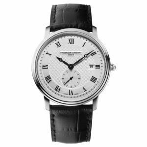 a white watch with roman numerals and black leather strap