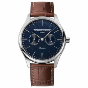 a watch with brown leather straps and a blue dial