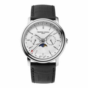 a white watch with black leather straps