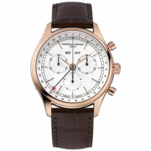a watch with brown leather straps and a white dial