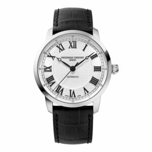 a white watch with roman numerals and black leather straps