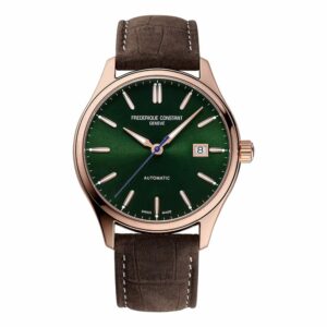 a watch with green dials and brown leather straps