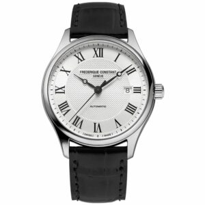 a white watch with roman numerals and black leather straps
