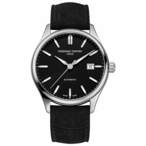 a watch with black dials and leather strap