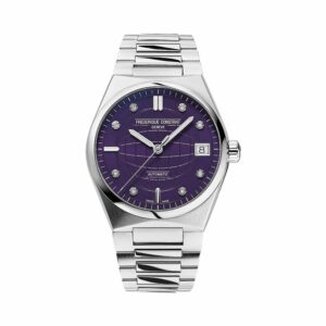 a watch with purple dials on a steel bracelet