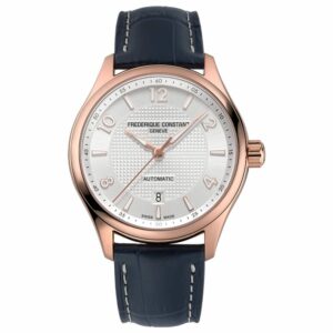 a rose gold watch with blue leather straps