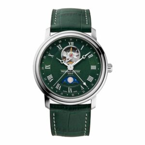a green watch with roman numerals on the face