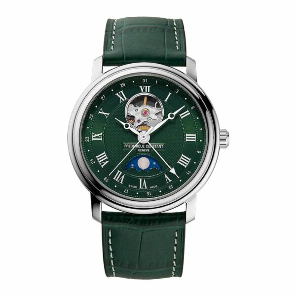 a green watch with roman numerals on the face