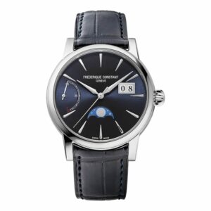 a watch with a black dial and blue leather straps