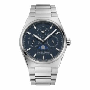 a silver watch with blue dials on a bracelet