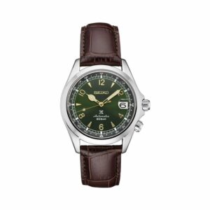 a green watch with brown leather straps