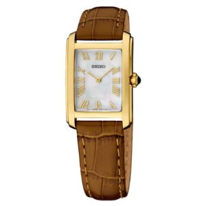 seiko essentials goldtone lady’s watch with mother of pearl dial swr100