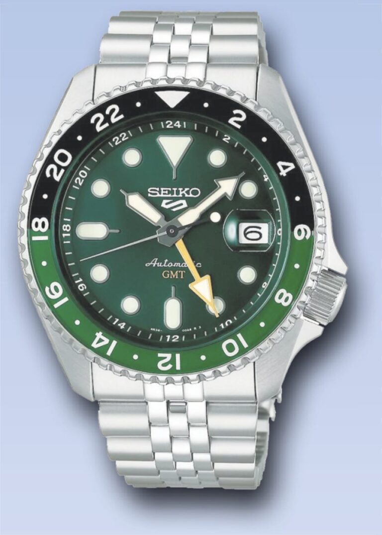 Seiko 5 Sports GMT watch with green dial and black-green bezel