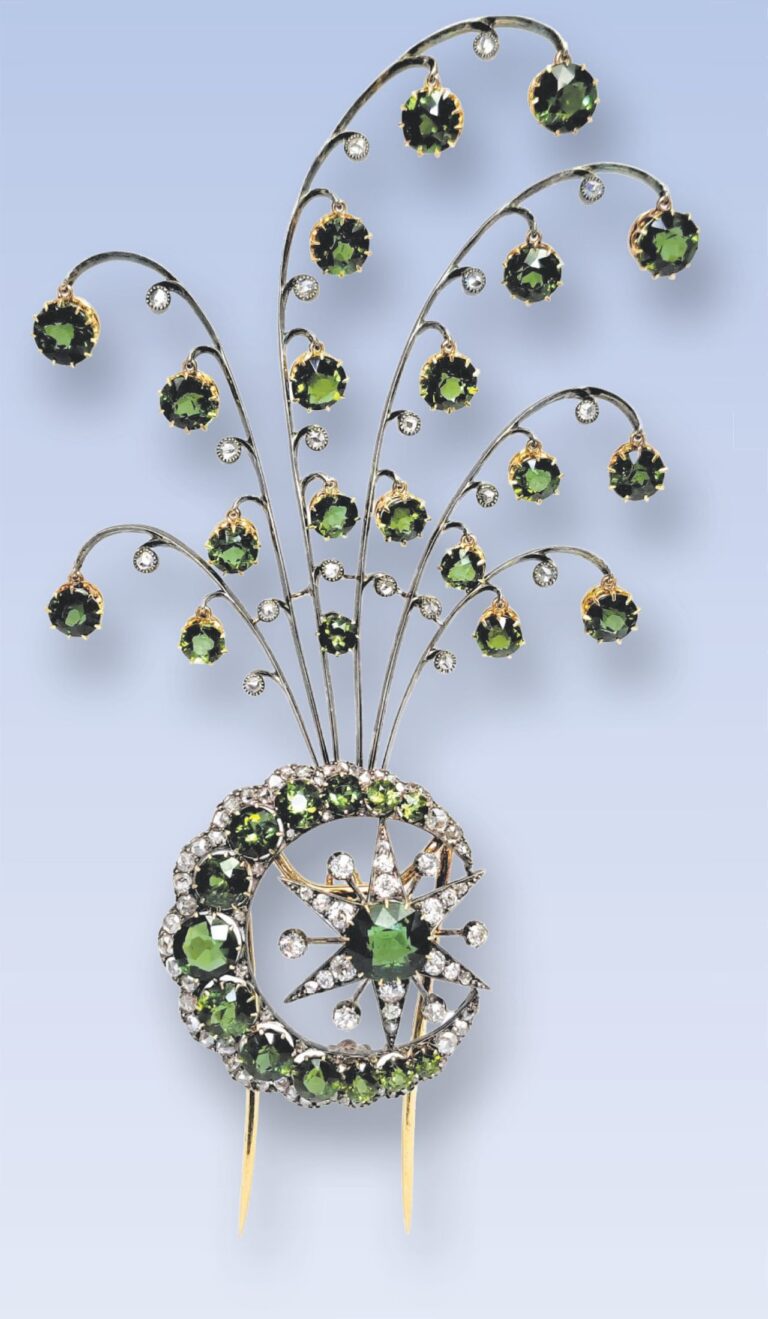 Antique aigrette hair ornament with dangling green tourmalines, diamonds and a crescent moon